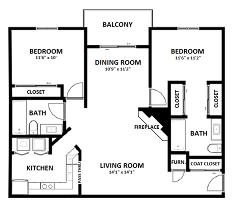 2 Bed - 2 Bath - 1075sq ft - with Fireplace